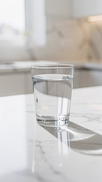 Glass of Water on White Marble Countertop
