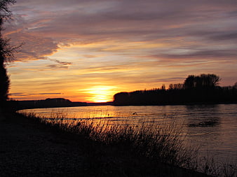 Serene Sunset Over River with Silhouetted Trees and Reflections