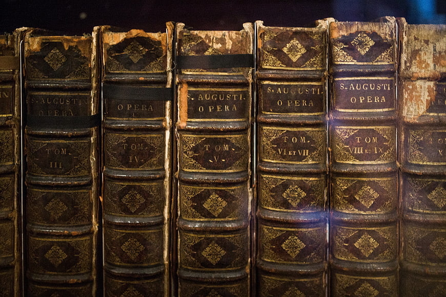 Vintage leather-bound books on a library shelf