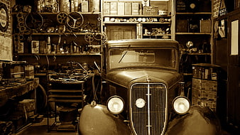 Vintage Classic Car in Antique Garage Workshop