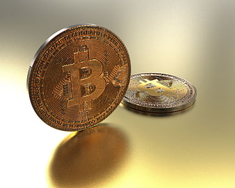 3D Rendered Gold Bitcoin Coins on Reflective Surface