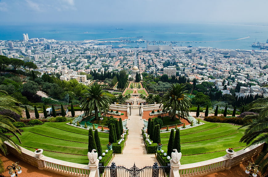 Panoramic View of Haifa Bahá'í Gardens and Mediterranean Sea
