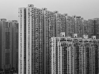 Black and white high-rise apartment buildings cityscape
