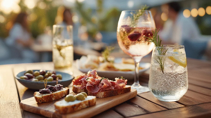 Gourmet Appetizers and Cocktails on Outdoor Table