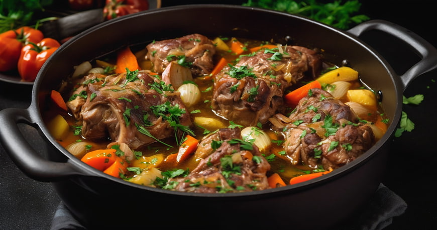 Hearty Meat Stew with Vegetables in Cast Iron Pot