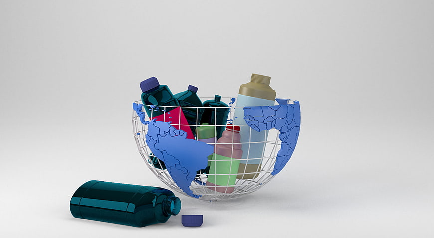 3D Plastic Bottles Inside Wire Globe Model