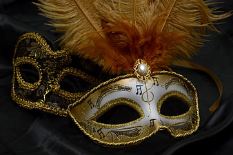 Gold and Black Venetian Masquerade Masks with Feathers