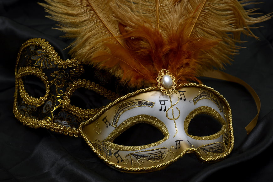 Gold and Black Venetian Masquerade Masks with Feathers