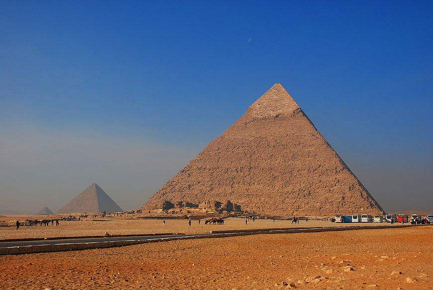 Giza Pyramids in Egypt with clear blue sky and desert landscape