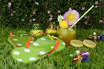 Summer Garden Party Setup with Flip Flops and Cocktail