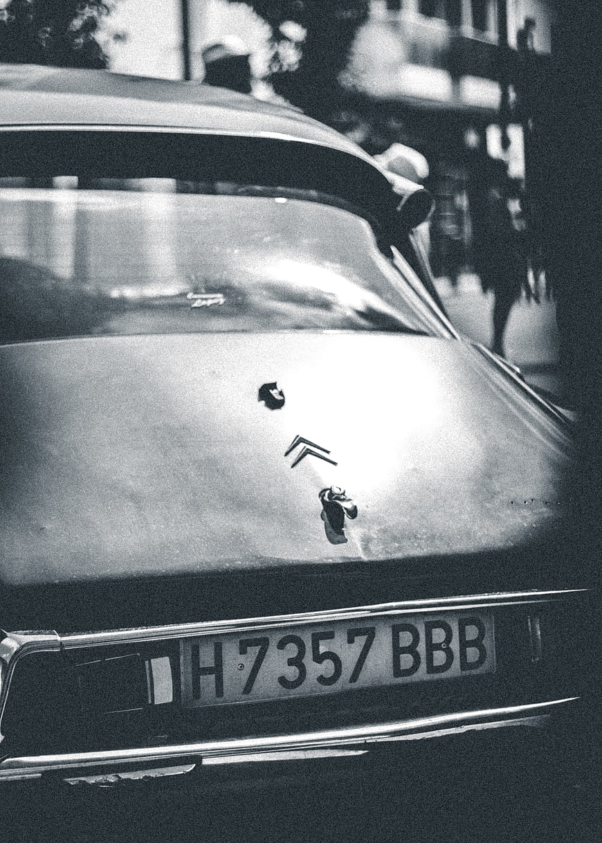Vintage Citroen Car Rear Detail in Black and White