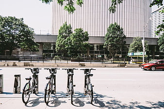 Row of Docked Bicycles on City Sidewalk