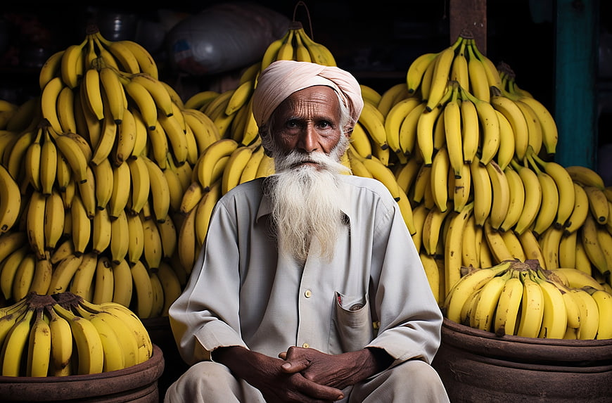Portrait of elderly Indian man with white beard selling bananas