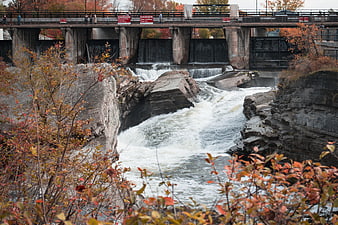 Autumn waterfall flowing under a bridge with colorful foliage