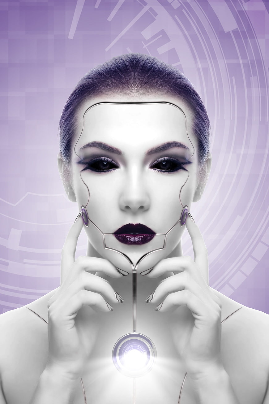 Futuristic Woman With Android Faceplate And Glowing Chest Core
