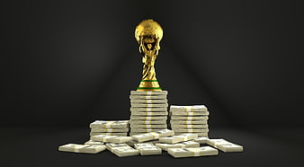 Golden World Cup Trophy on Stacks of Cash