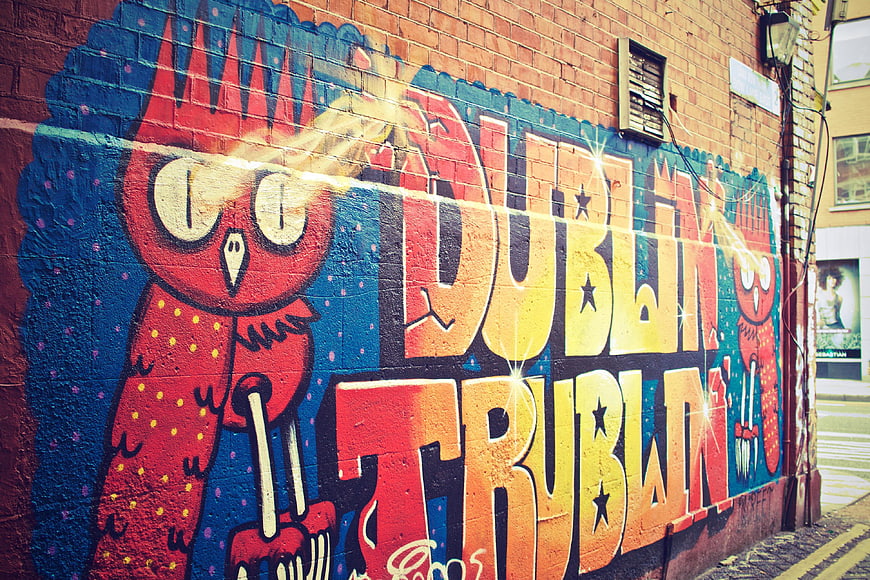 Colorful Trublin Owl Graffiti Mural on Brick Wall in Dublin