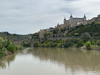 Toledo Spain Alcázar Castle and Roman Bridge Over Tagus River