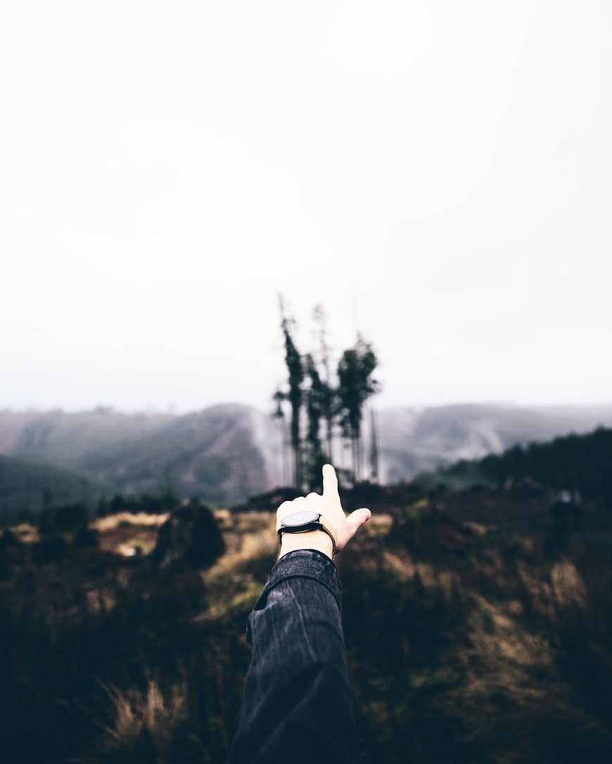 Hand Pointing at Misty Mountain Landscape with Watch