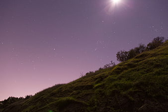 Purple Night Sky Over Grassy Hill with Bright Moon