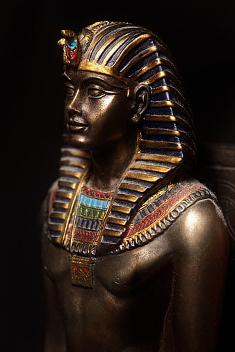 Bronze Egyptian Pharaoh Statue with Gold and Blue Headdress