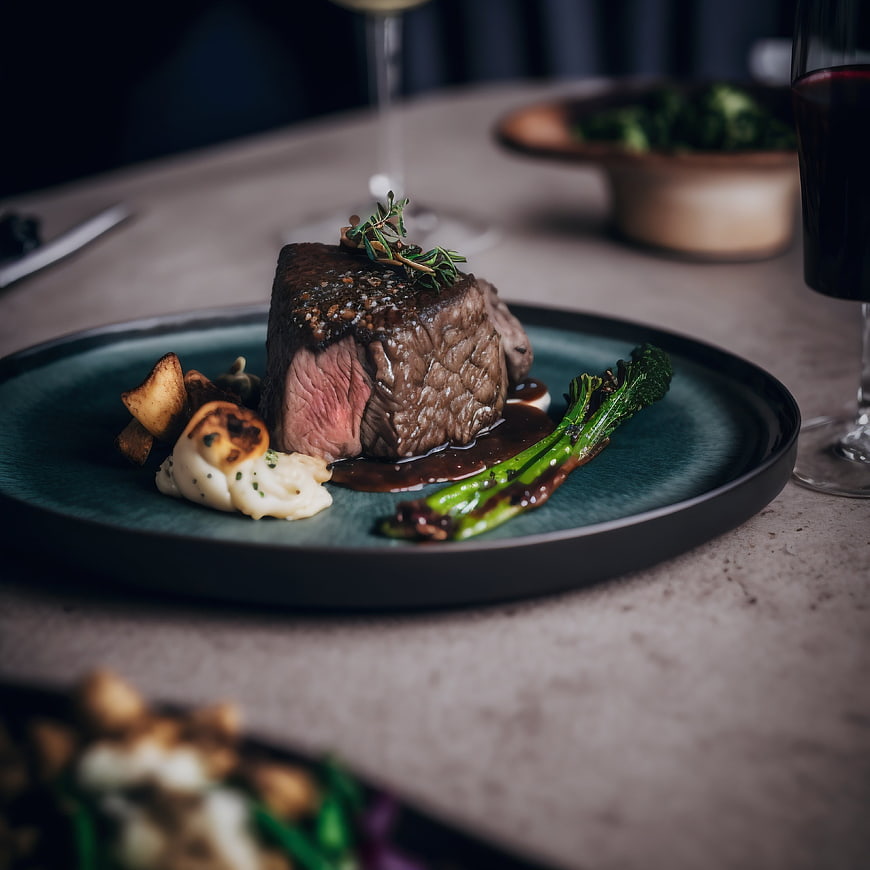 Gourmet medium-rare steak with roasted vegetables and sauce