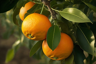 Fresh ripe oranges hanging on a tree branch with green leaves