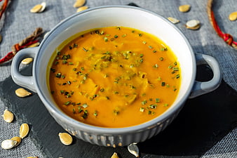 Creamy Pumpkin Soup with Chives and Pumpkin Seeds