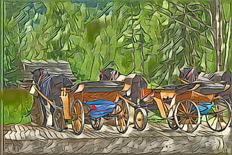 Artistic painting of horse-drawn carriages in a forest