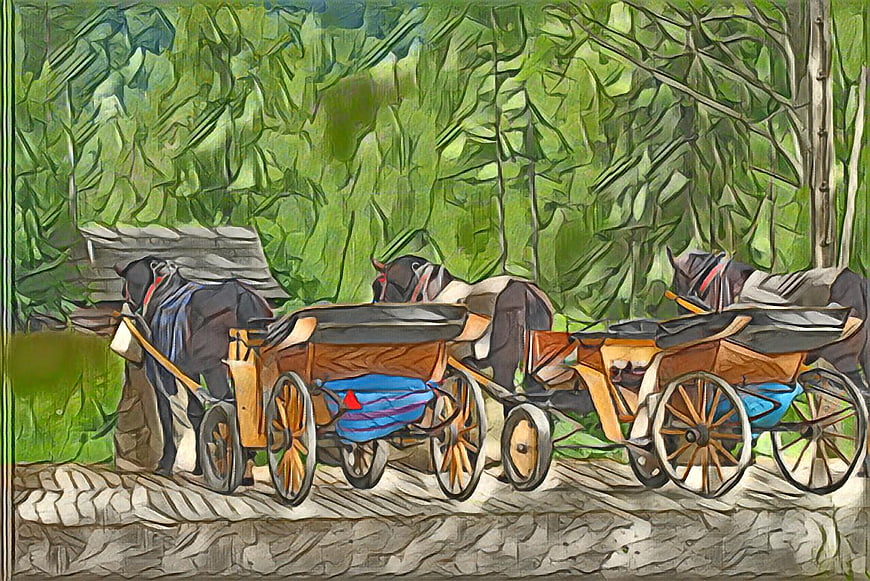 Artistic painting of horse-drawn carriages in a forest
