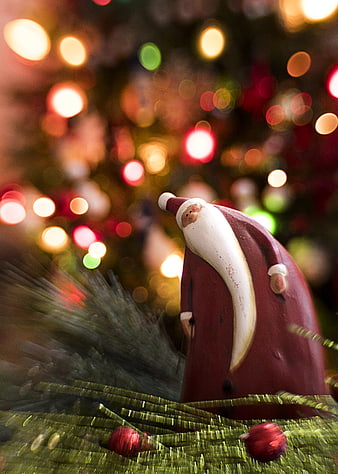 Vintage Santa Claus Ornament with Bokeh Christmas Lights