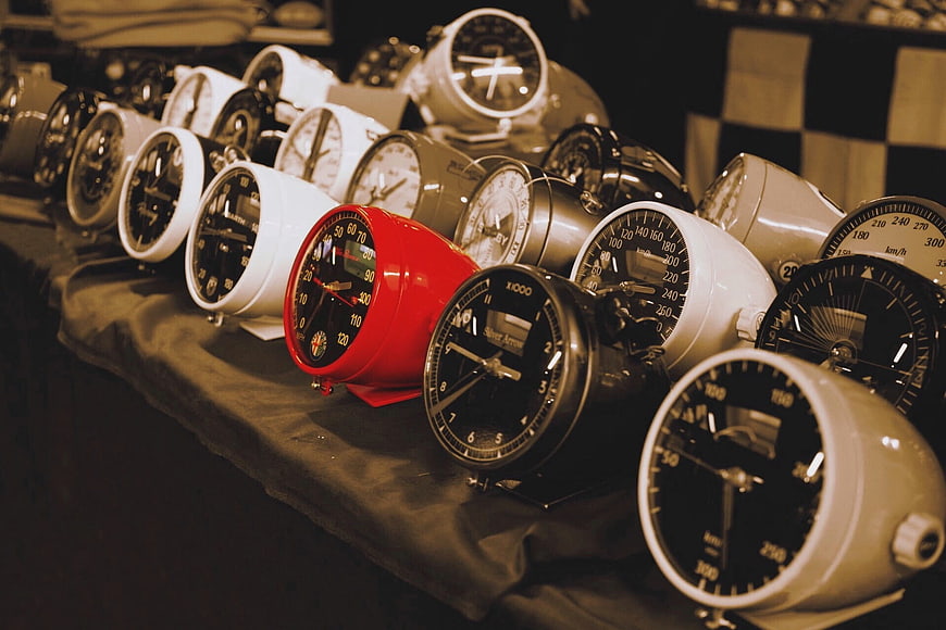 Vintage Speedometer Clocks Collection with Red Accent