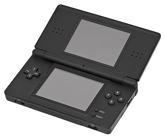 Black Nintendo DS Lite handheld gaming console open on white background
