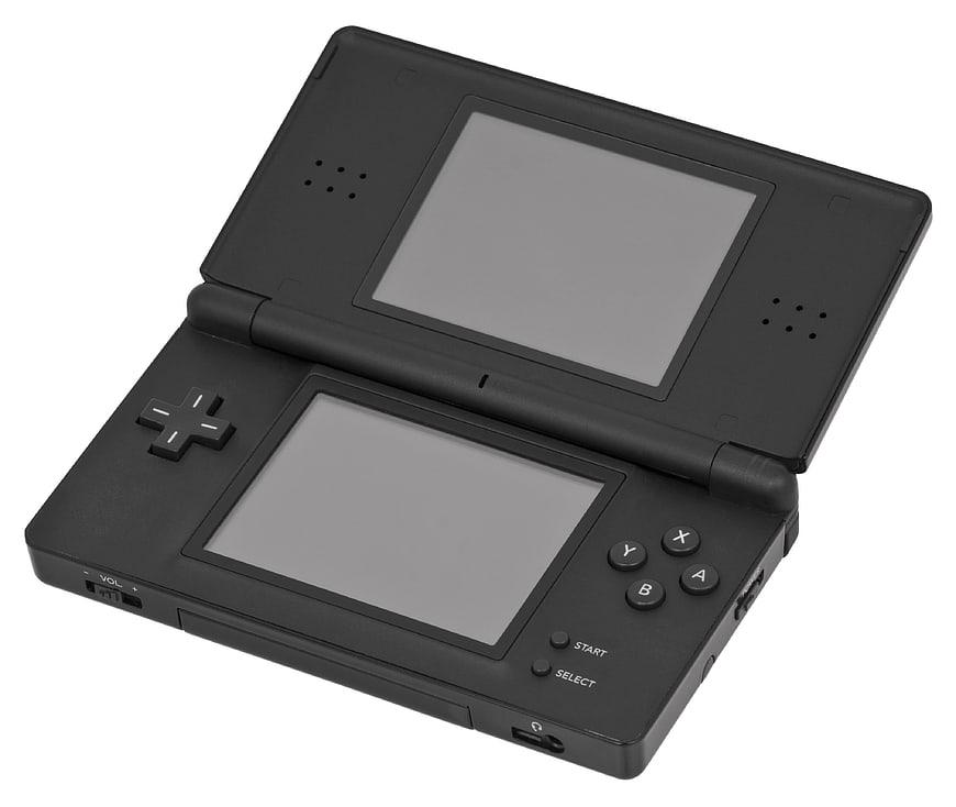 Black Nintendo DS Lite handheld gaming console open on white background