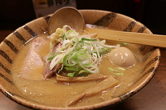 Close-up of Miso Ramen with Soft-Boiled Egg and Green Onions