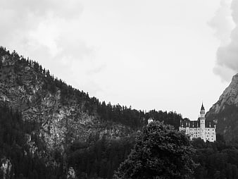 Black and white landscape of Neuschwanstein Castle in Bavaria