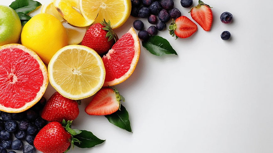 Fresh Citrus and Berries Flat Lay on White Background