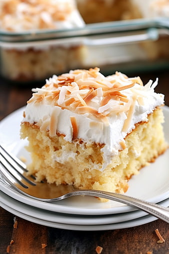 Slice of Coconut Cream Cake with Toasted Coconut Flakes