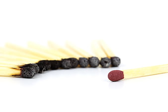 Single unlit match facing row of burnt matches on white background