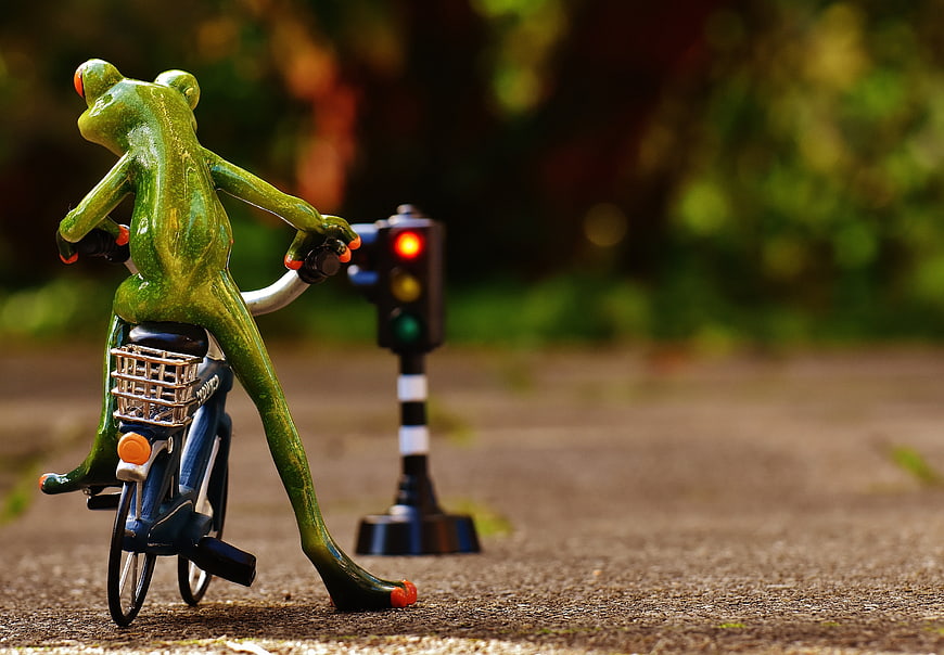 Green frog figurine riding bicycle at red traffic light