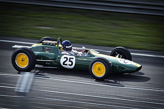 Vintage Green Lotus Racing Car Speeding on Track