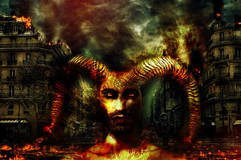 Digital Art of Horned Demon in Burning Parisian Cityscape