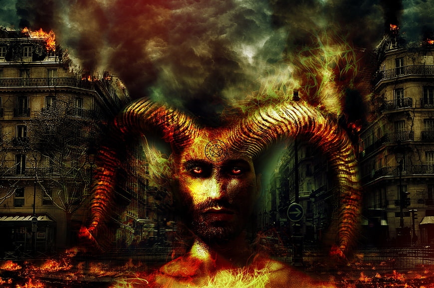 Digital Art of Horned Demon in Burning Parisian Cityscape
