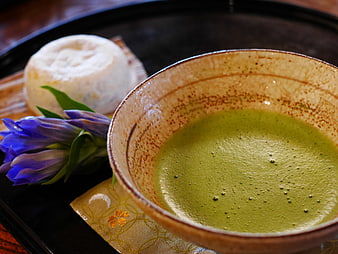 Traditional Japanese Matcha Tea with Wagashi Sweet