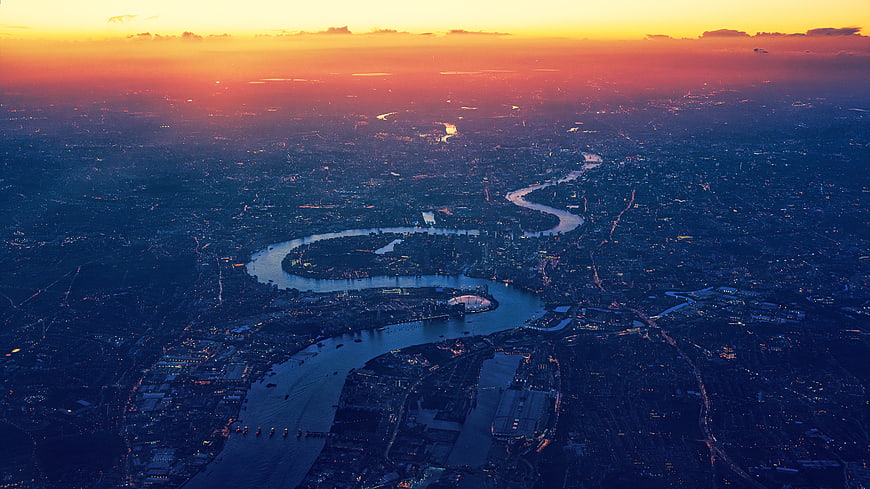 Aerial View of London and River Thames at Dusk