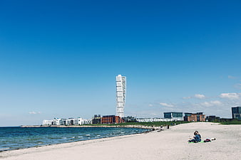 Turning Torso skyscraper view from Malmö beach