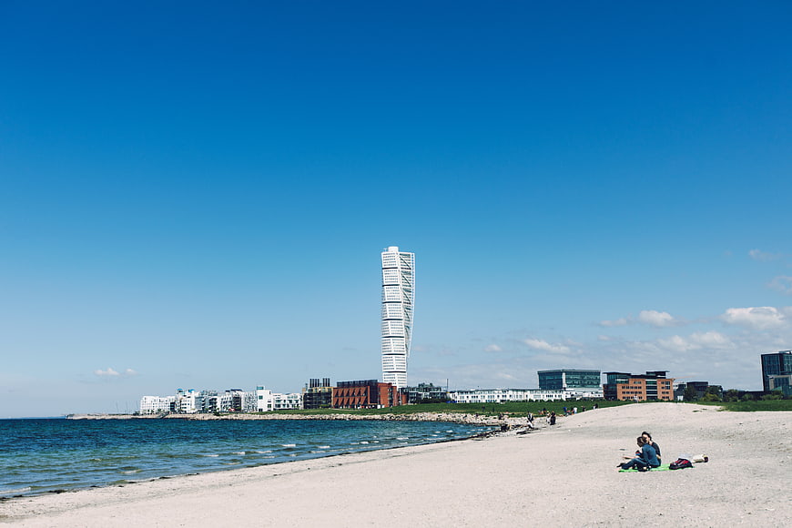 Turning Torso skyscraper view from Malmö beach