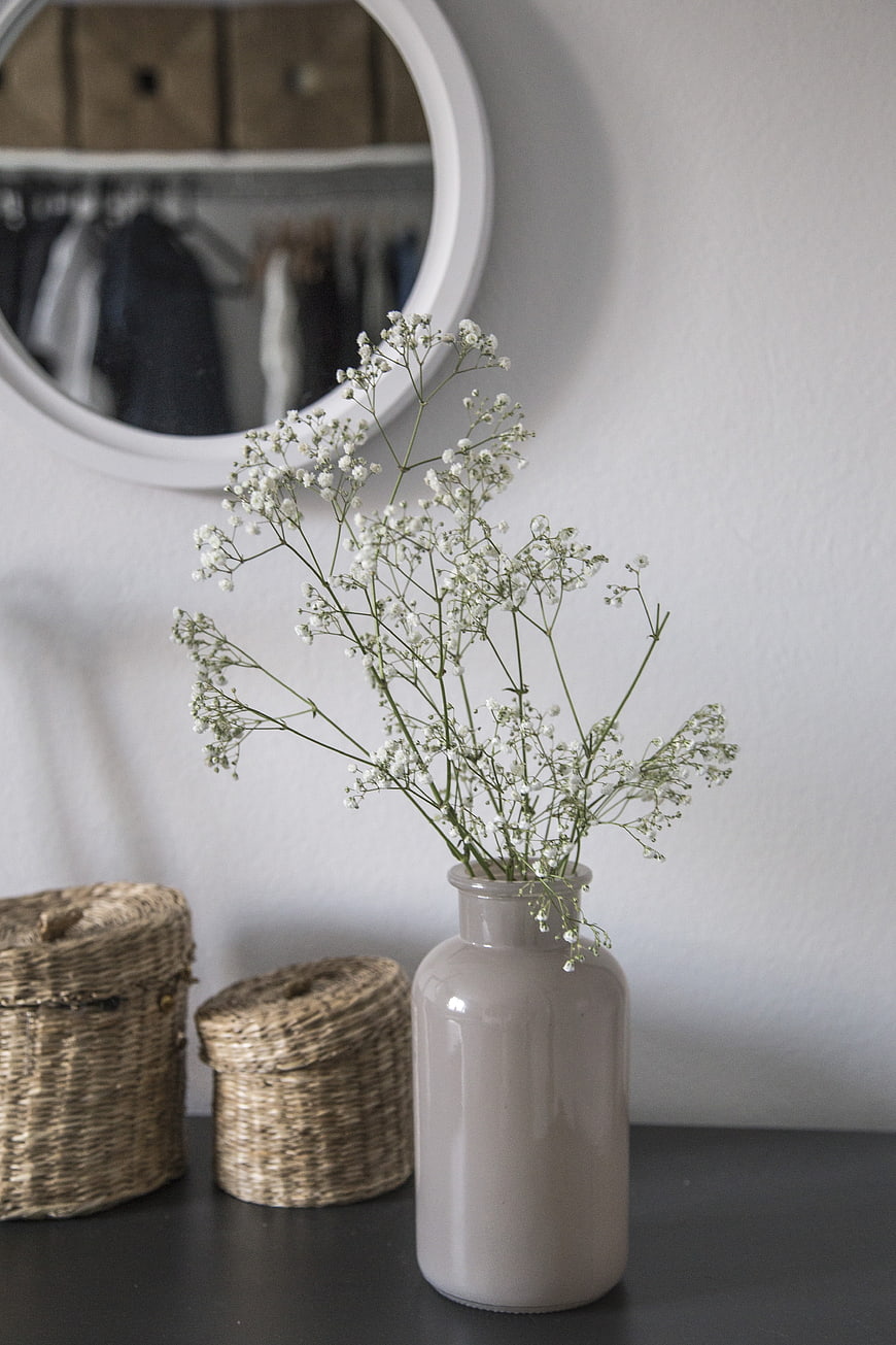 Minimalist Baby's Breath Flowers in Gray Ceramic Vase