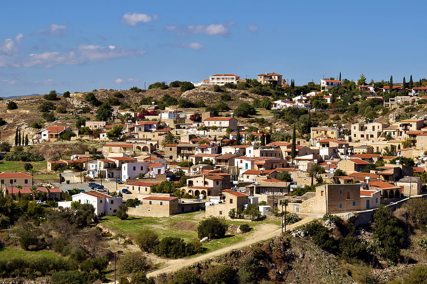 Traditional village on a sunny hillside in Cyprus