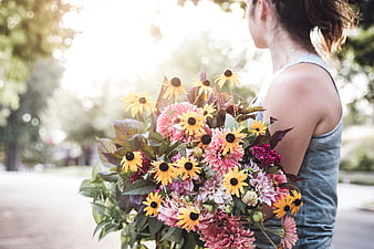 Woman Holding Colorful Flower Bouquet Outdoors